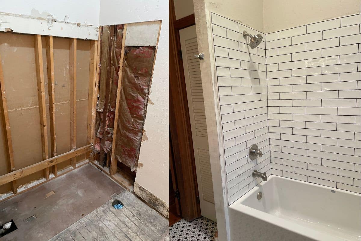 Bathroom remodel with black and white mosaic floor tile and custom vanity — St. Tammany Parish bathroom renovation by Barger Home Improvements